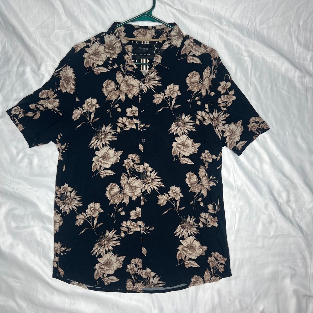 Denim & Flower Ricky Singh Mens L Black Floral Short Sleeve Button Down Shirt